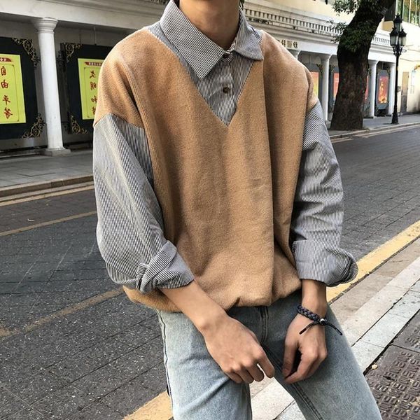 men's casual shirts shirt fake two sweater men spring autumn korean fashion handsome trendy loose oversized wild man coats, White;black
men's casual shirts shirt fake two sweater men spring autumn korean fashion handsome trendy loose oversized wild man coats, White;black