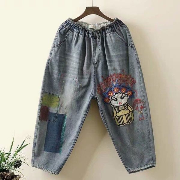 women's jeans spring summe women elastic waist loose vintage patchwork cartoon embroidery cotton denim harem pants m2, Blue
women's jeans spring summe women elastic waist loose vintage patchwork cartoon embroidery cotton denim harem pants m2, Blue