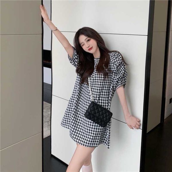 summer 2021 korean round neck dign bubble sleeve age reducing plaid short loose casual drs thin, Black
summer 2021 korean round neck dign bubble sleeve age reducing plaid short loose casual drs thin, Black