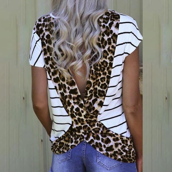 women's t-shirt o neck stripe patchwork leopard print t-shirts with short sleeve open back backless female, White
women's t-shirt o neck stripe patchwork leopard print t-shirts with short sleeve open back backless female, White