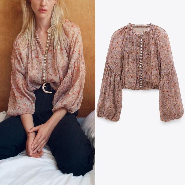 za chiffon cropped print vintage womens shirts o neck puff long sleeve elastic hem female loose elegant shirt, White
za chiffon cropped print vintage womens shirts o neck puff long sleeve elastic hem female loose elegant shirt, White