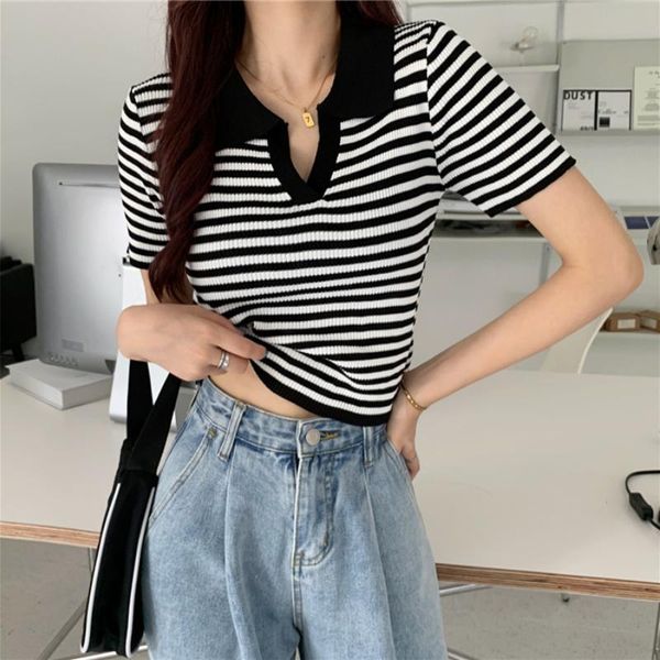 women's t-shirt french style collar short sleeve women summer fashion stripe knitted crop streetwear casual female tees, White
women's t-shirt french style collar short sleeve women summer fashion stripe knitted crop streetwear casual female tees, White