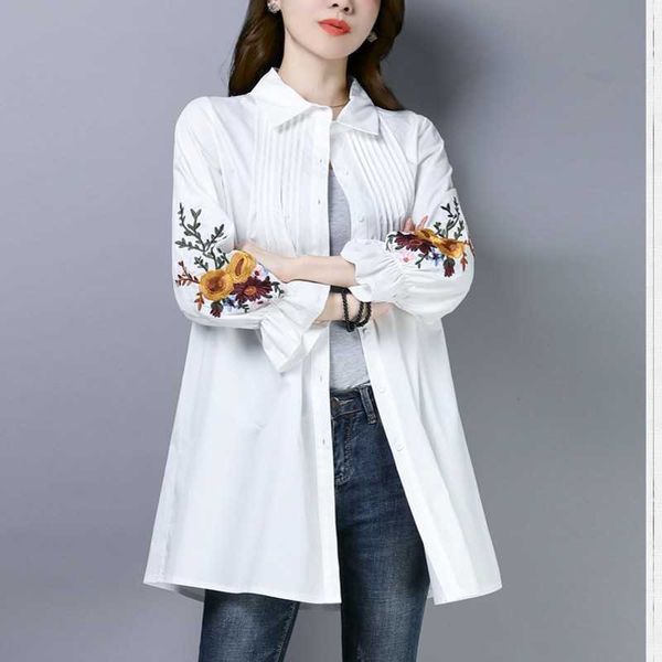 women embroidery long blouse blue and white lapel sleeve self belted embroidered shirt casual cotton 210601
women embroidery long blouse blue and white lapel sleeve self belted embroidered shirt casual cotton 210601