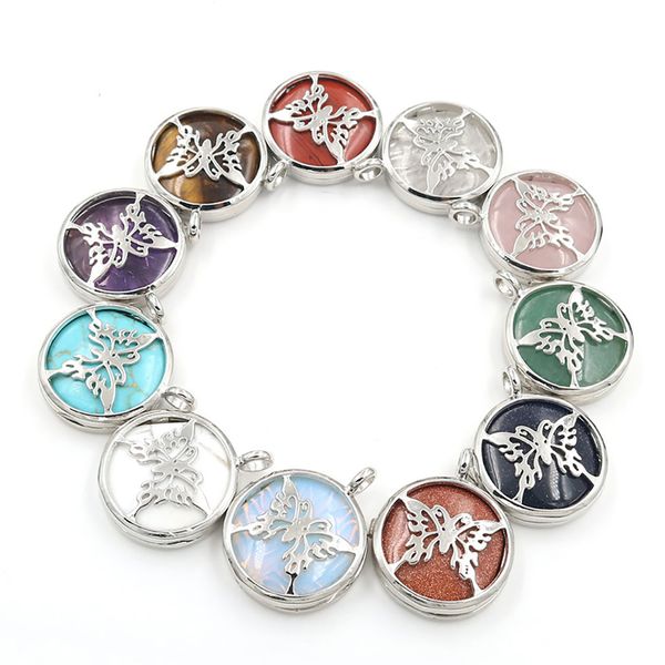 round healing crystal necklace chakra gemstone amulet lucky butterfly charm meditation reiki stone jewelry with rope chain, Silver
round healing crystal necklace chakra gemstone amulet lucky butterfly charm meditation reiki stone jewelry with rope chain, Silver
