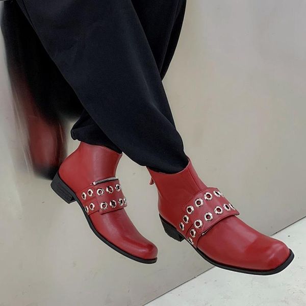 boots winter punk style short round toe low heels cool red woman shoes, Black