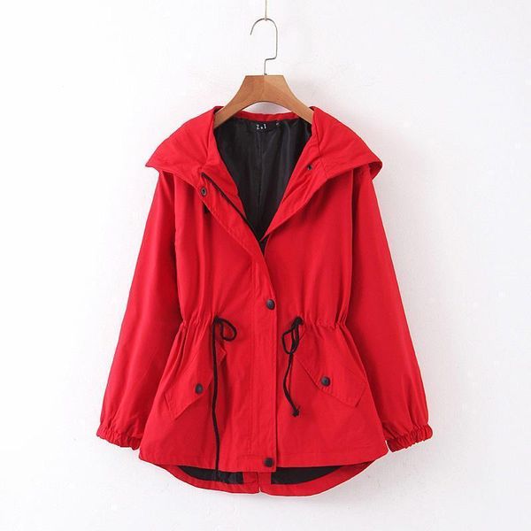 women's trench coats ladies autumn gray red black short coat 2021 tie waist pocket korean version of the hooded windbreaker style w1, Tan;black