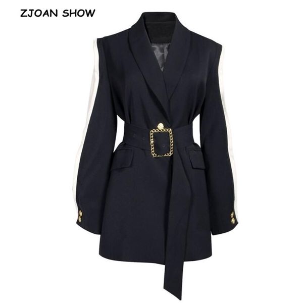 autumn long sleeve stitching ruffles black blazer with belt vintage korea women contrast color suit ol coat outwear 210429, White;black
autumn long sleeve stitching ruffles black blazer with belt vintage korea women contrast color suit ol coat outwear 210429, White;black