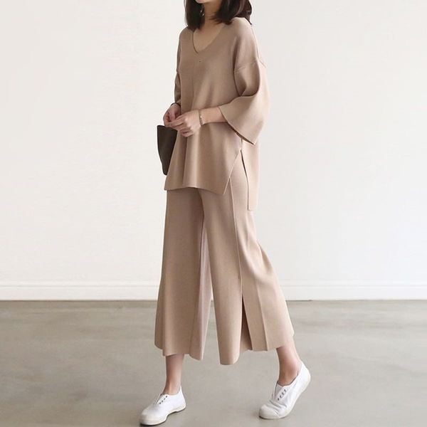 women's two piece pants gentle wind knitting suit autumn v-neck and open-legged trousers fashion temperament two-piece set vy4, White
women's two piece pants gentle wind knitting suit autumn v-neck and open-legged trousers fashion temperament two-piece set vy4, White