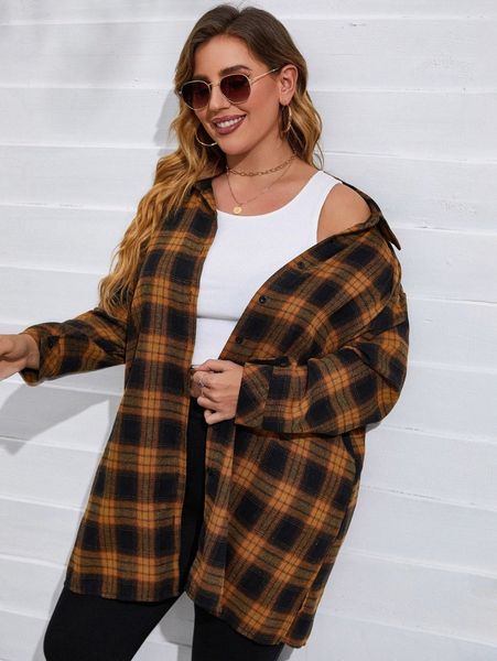 plus plaid drop shoulder blouse d5es#, Black