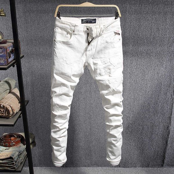 men's jeans italian style fashion white elastic cotton ripped slim fit vintage designer denim pants hombre tcw7, Blue
men's jeans italian style fashion white elastic cotton ripped slim fit vintage designer denim pants hombre tcw7, Blue