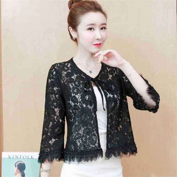 women jacket spring summer 3/4 sleeve patchwork lace short coat ladies elegant nail bead thin jackets plus size outwear 210525, Black;brown 
women jacket spring summer 3/4 sleeve patchwork lace short coat ladies elegant nail bead thin jackets plus size outwear 210525, Black;brown