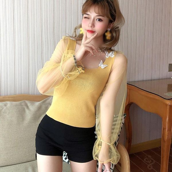 women's t-shirt women mesh stitching puff sleeve t shirt casual sweet square collar with butterfly applique shirts, White
women's t-shirt women mesh stitching puff sleeve t shirt casual sweet square collar with butterfly applique shirts, White