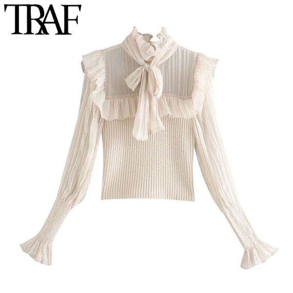 traf women fashion organza patchwork ruffled knitted sweater vintage high neck with bow tied female shirts chic 210415, White;black
traf women fashion organza patchwork ruffled knitted sweater vintage high neck with bow tied female shirts chic 210415, White;black