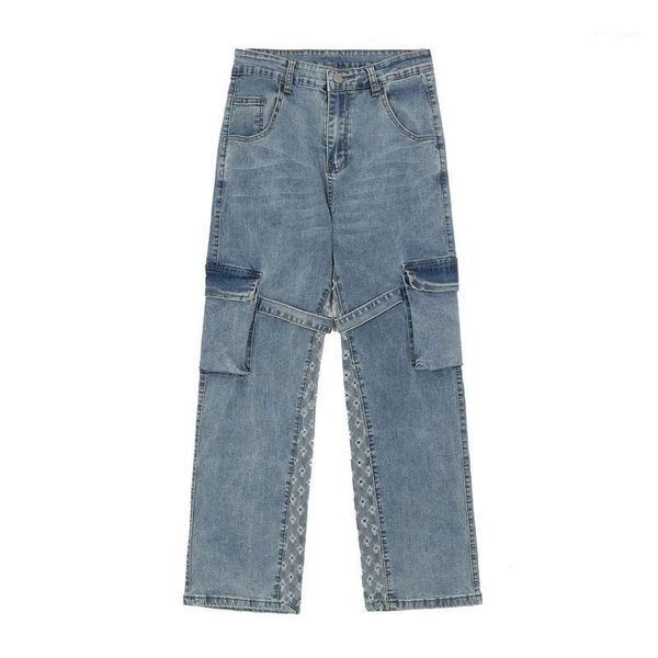men hi street cargo jeans trousers with ribbons multi pockets streetwear denim pants for male straight men's, Blue
men hi street cargo jeans trousers with ribbons multi pockets streetwear denim pants for male straight men's, Blue