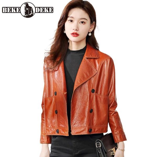 women's leather & faux women streetwear genuine coat fashion double breasted suit collar cowhide jacket office lady pockets short overc, Black
women's leather & faux women streetwear genuine coat fashion double breasted suit collar cowhide jacket office lady pockets short overc, Black