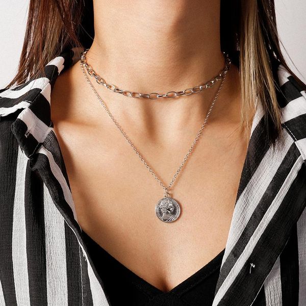 pendant necklaces fashion portrait coin simple style double layer chain necklace for women daily jewelry accessories, Silver
pendant necklaces fashion portrait coin simple style double layer chain necklace for women daily jewelry accessories, Silver