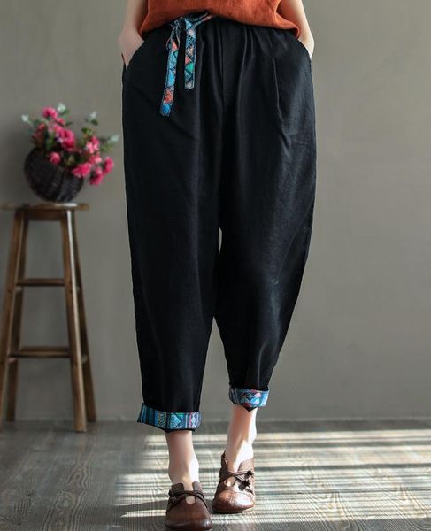 women pants spring retro loose casual trousers elastic waist drawstring pocket vintage women's & capris, Black;white
women pants spring retro loose casual trousers elastic waist drawstring pocket vintage women's & capris, Black;white