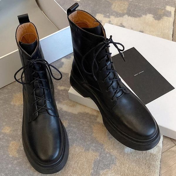 boots women's genuine leather lace-up thick sole platform flats motorcycle round toe punk short booties soft shoes, Black
boots women's genuine leather lace-up thick sole platform flats motorcycle round toe punk short booties soft shoes, Black