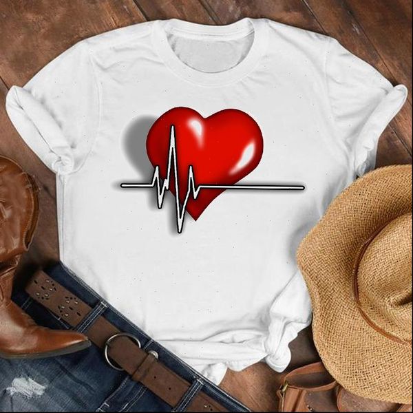 women lady cartoon love heart t shirt heartbeat cute 90s fashion clothes female print tee womens, White 
women lady cartoon love heart t shirt heartbeat cute 90s fashion clothes female print tee womens, White