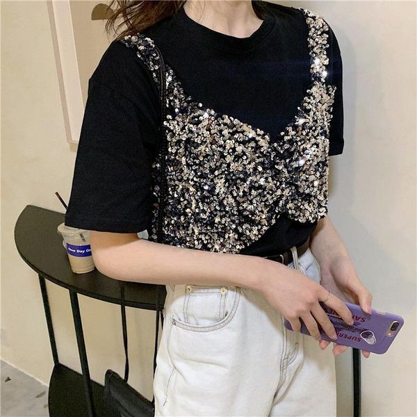 women's t-shirt ins sequin fake two piece stitching pleated sling loose 2021 summer korean short sleeve female student, White
women's t-shirt ins sequin fake two piece stitching pleated sling loose 2021 summer korean short sleeve female student, White
