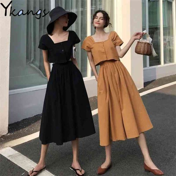 women's vintage 2pcs sets french short sleeved + high waist long a-line pleated skirt female summer black suit for students 210421, White
women's vintage 2pcs sets french short sleeved + high waist long a-line pleated skirt female summer black suit for students 210421, White