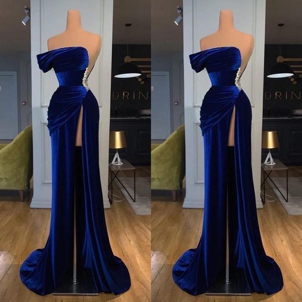 2021 royal blue velvet prom dresses one shoulder high split sleeveelss crystal beads floor length party quinceanera formal evening gowns, Black 
2021 royal blue velvet prom dresses one shoulder high split sleeveelss crystal beads floor length party quinceanera formal evening gowns, Black