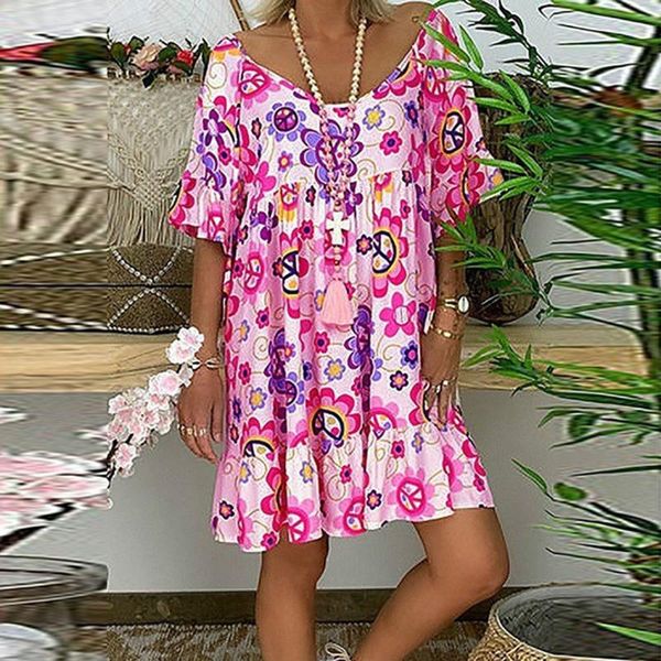 casual dresses women summer beach chiffon dress long sleeve floral print boho short party elegant v-neck sundress vestidos, Black;gray