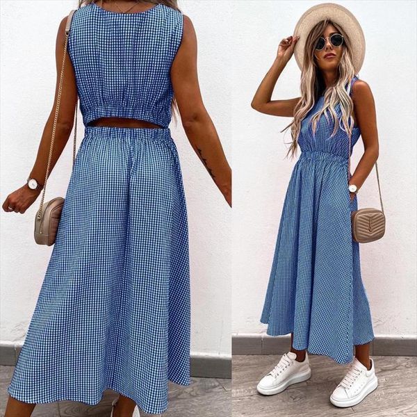 hollow out sleeveless long women dresses elegant pocket back casual o neck party summer fashion plaid print lady, Black;gray
hollow out sleeveless long women dresses elegant pocket back casual o neck party summer fashion plaid print lady, Black;gray