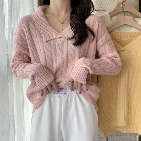 women's sweaters design sense office lady casual twist solid color knit sweater 2021 autumn and winter loose v-neck long-sleeved women, White;black
women's sweaters design sense office lady casual twist solid color knit sweater 2021 autumn and winter loose v-neck long-sleeved women, White;black