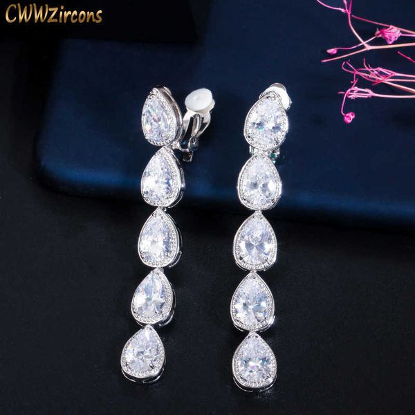 

non piercing ear design long dangle cz crystal clip on earrings no pierced women wedding party costume jewelry cz713 210714, Silver