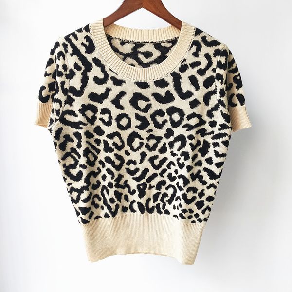 59% off factory outlet store summer leopard print round neck short sleeve knitted for women, White;black