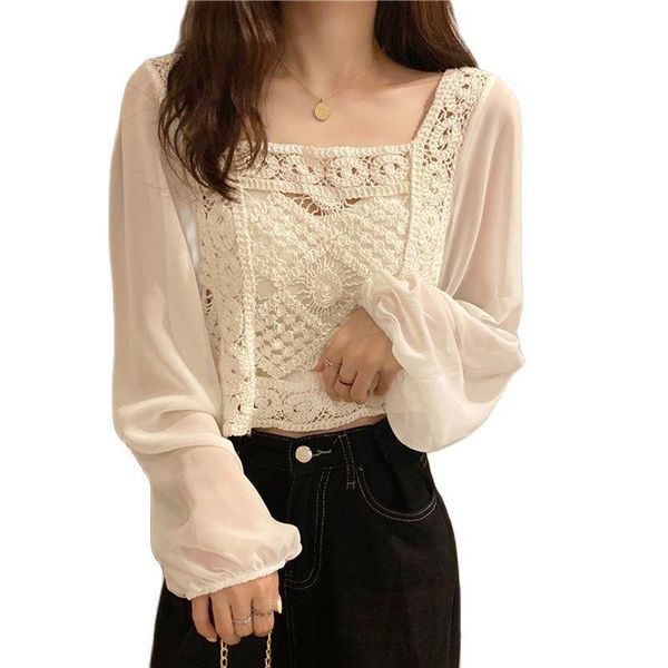 women's blouses & shirts 2021 autumn knit lace splicing blouse woman short long sleeves square collar hollow out backless casual loose, White
women's blouses & shirts 2021 autumn knit lace splicing blouse woman short long sleeves square collar hollow out backless casual loose, White