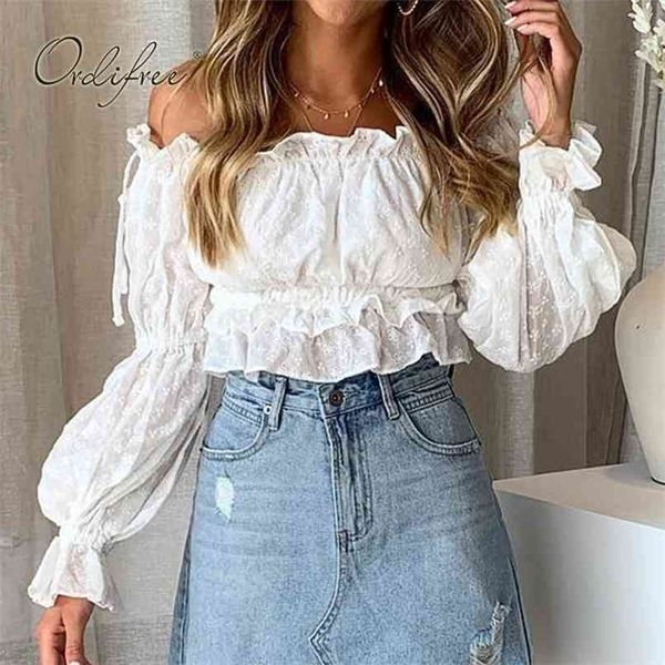 summer women off shoulder blouse long sleeve white lace embroidery cotton short shirt 210513
summer women off shoulder blouse long sleeve white lace embroidery cotton short shirt 210513