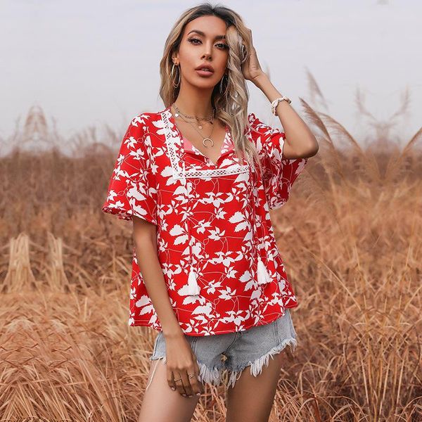 women's t-shirt summer 2021 loose waist chiffon shirt casual leaves print short sleeve mujer o-neck tassel red women tshirts, White
women's t-shirt summer 2021 loose waist chiffon shirt casual leaves print short sleeve mujer o-neck tassel red women tshirts, White