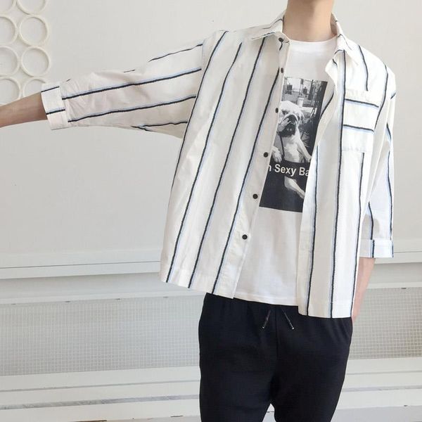 summer striped shirt men's loose korean trend handsome young people three quarter sleeve fashion casual shirts, White;black
summer striped shirt men's loose korean trend handsome young people three quarter sleeve fashion casual shirts, White;black