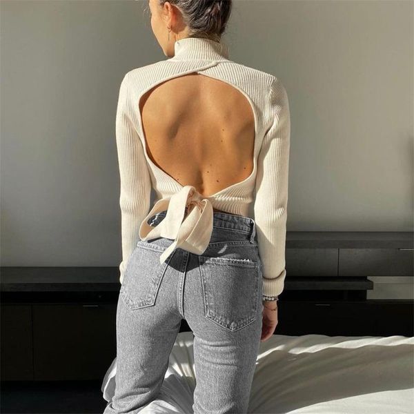 women's t-shirt women long sleeve crop fashion solid color rib turtleneck backless slim fit tie knot tee shirt for spring autumn, White
women's t-shirt women long sleeve crop fashion solid color rib turtleneck backless slim fit tie knot tee shirt for spring autumn, White