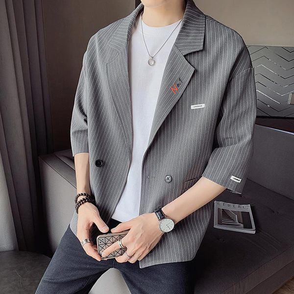 men's suits & blazers striped three quarter men korean embroidery suit jacket male thin streetwear social coat casual blazer masculino, White;black
men's suits & blazers striped three quarter men korean embroidery suit jacket male thin streetwear social coat casual blazer masculino, White;black