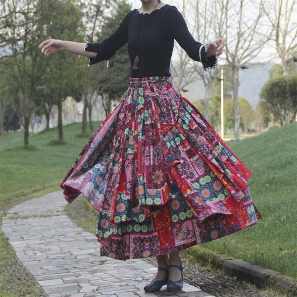 skirts autumn women's elastic waist print long skirt double layer cotton linen female retro girl irregular hem casual, Black 
skirts autumn women's elastic waist print long skirt double layer cotton linen female retro girl irregular hem casual, Black