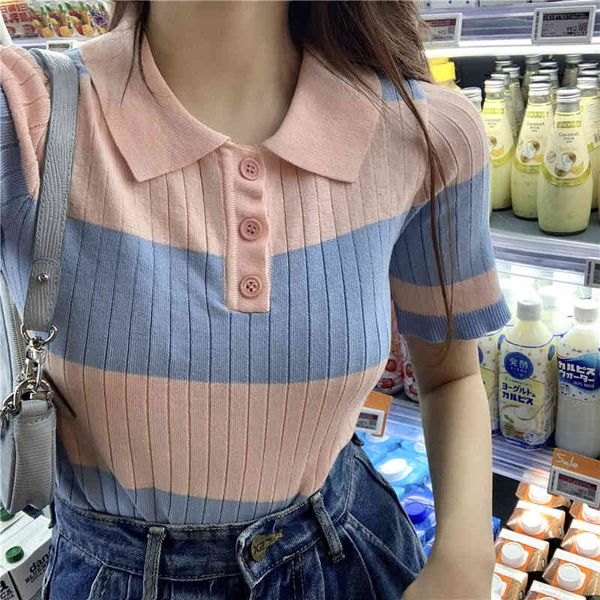 2 colors summer short crop stripe turn down collar short sleeve slim knitted t shirts womens tee shirt femme (r98271) 210423, White
2 colors summer short crop stripe turn down collar short sleeve slim knitted t shirts womens tee shirt femme (r98271) 210423, White
