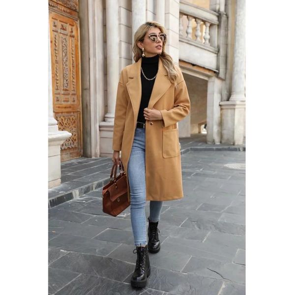 women's wool & blends solid color mid-length woolen coat suit collar long-sleeved temperament jacket 2021 autumn and winter en*, Black
women's wool & blends solid color mid-length woolen coat suit collar long-sleeved temperament jacket 2021 autumn and winter en*, Black