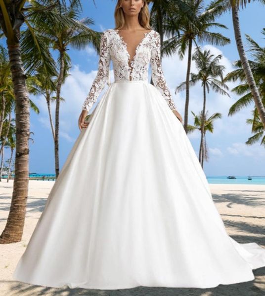 2022 a line lace vvestido de noiva deep v neck bridal gowns long sleeves appliques sweep train backless satin wedding dress, White
2022 a line lace vvestido de noiva deep v neck bridal gowns long sleeves appliques sweep train backless satin wedding dress, White