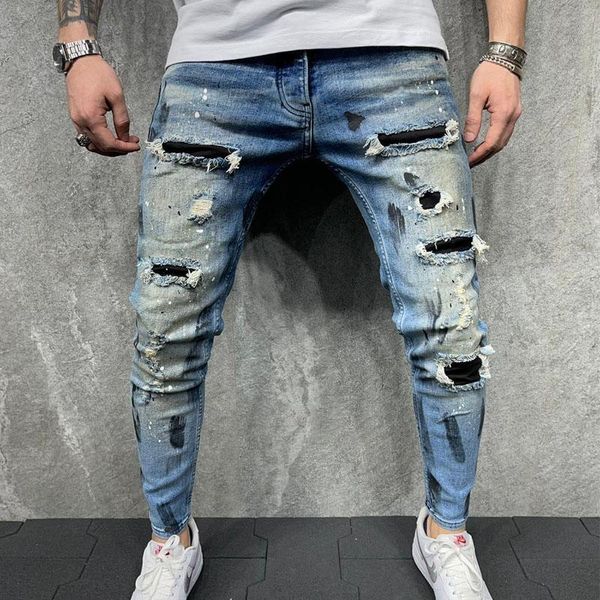 men's jeans mens slim pants holes painted casual trousers pencil skinny men fashion clothing, Blue
men's jeans mens slim pants holes painted casual trousers pencil skinny men fashion clothing, Blue