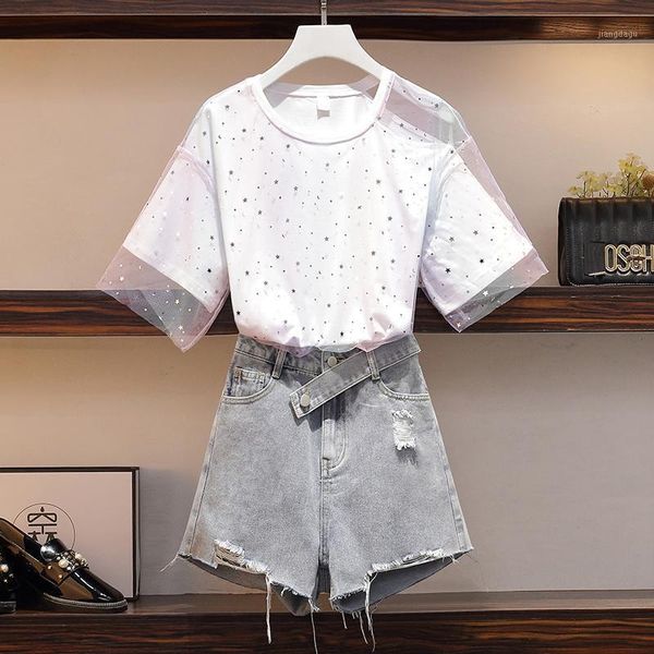 plus size tracksuits 2021 summer fashion casual shorts two piece set women single patchwork mesh t-shirt + denim mini pant suits, Black
plus size tracksuits 2021 summer fashion casual shorts two piece set women single patchwork mesh t-shirt + denim mini pant suits, Black