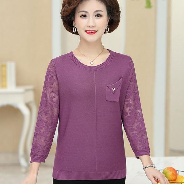 women's t-shirt knitted hollow three quarter sleeve spring autumn thin pullover bottom shirt middle-aged mother clothes, White
women's t-shirt knitted hollow three quarter sleeve spring autumn thin pullover bottom shirt middle-aged mother clothes, White