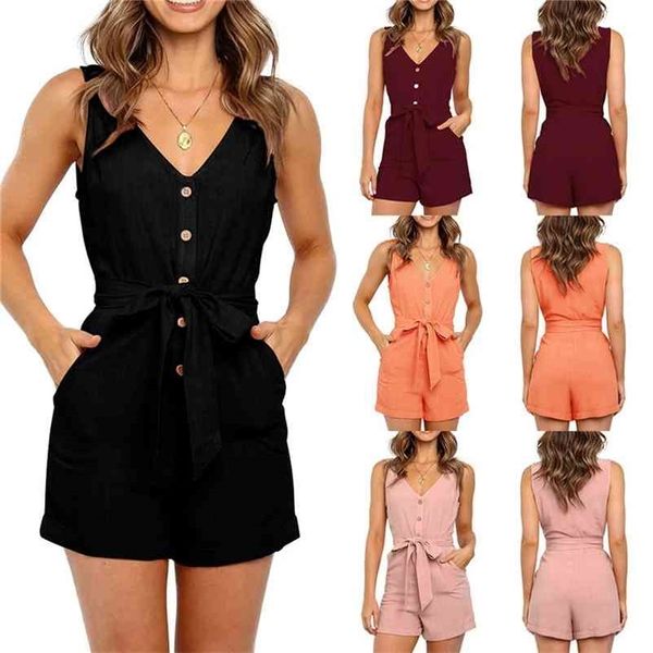 

women solid slim playsuits v neck sleeveless button sashes pocket cotton playsuit femme rompers pink black short jumpsuit 210520, Black;white