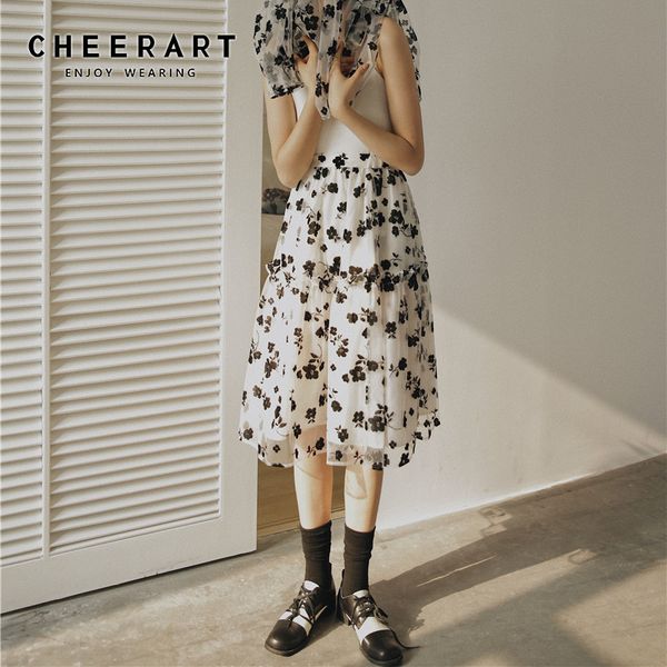 tulle layered skirt black floral print white high waist summer knee length womens fashion 210427
tulle layered skirt black floral print white high waist summer knee length womens fashion 210427