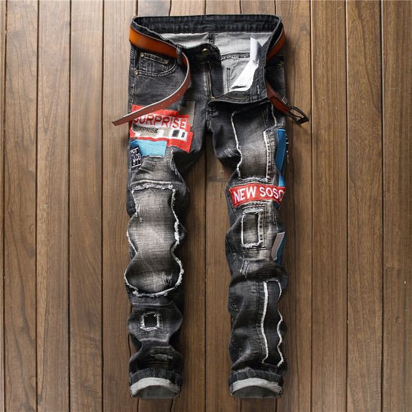 men's jeans fashion 2021 autumn spring hole ripped skinny biker destroyed denim trousers zqyc, Blue