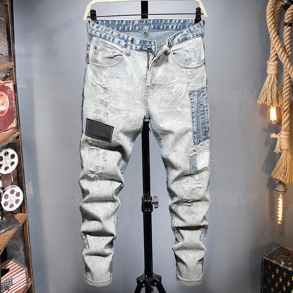 men's jeans style ripped patch color matching spring autumn slim-fit stretch denim pants retro holes trendy streetwear, Blue 
men's jeans style ripped patch color matching spring autumn slim-fit stretch denim pants retro holes trendy streetwear, Blue