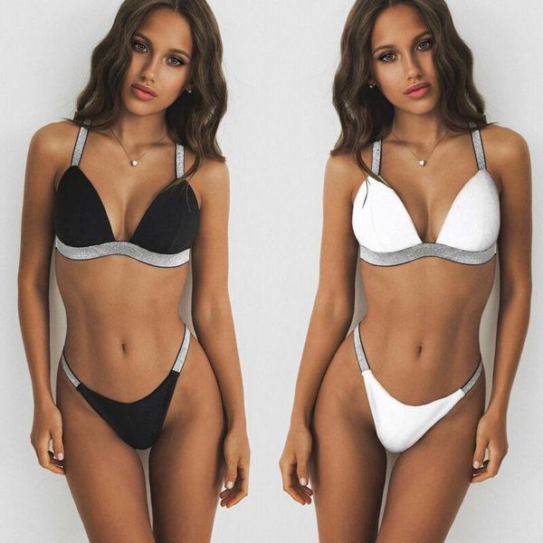 women's swimwear 2pcs summer women solid color crystal push-up padded bandage bra +thong bottoms bikini sets triangle swimsuit, White;black
women's swimwear 2pcs summer women solid color crystal push-up padded bandage bra +thong bottoms bikini sets triangle swimsuit, White;black