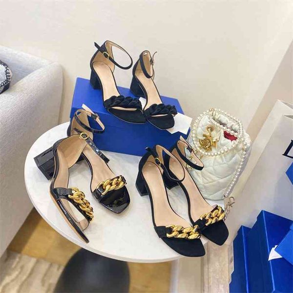 2021 leather sw patent high edition anti velvet woven metal chain with thick heel middle heel open toe one line sandals women's shoes y, Black
2021 leather sw patent high edition anti velvet woven metal chain with thick heel middle heel open toe one line sandals women's shoes y, Black